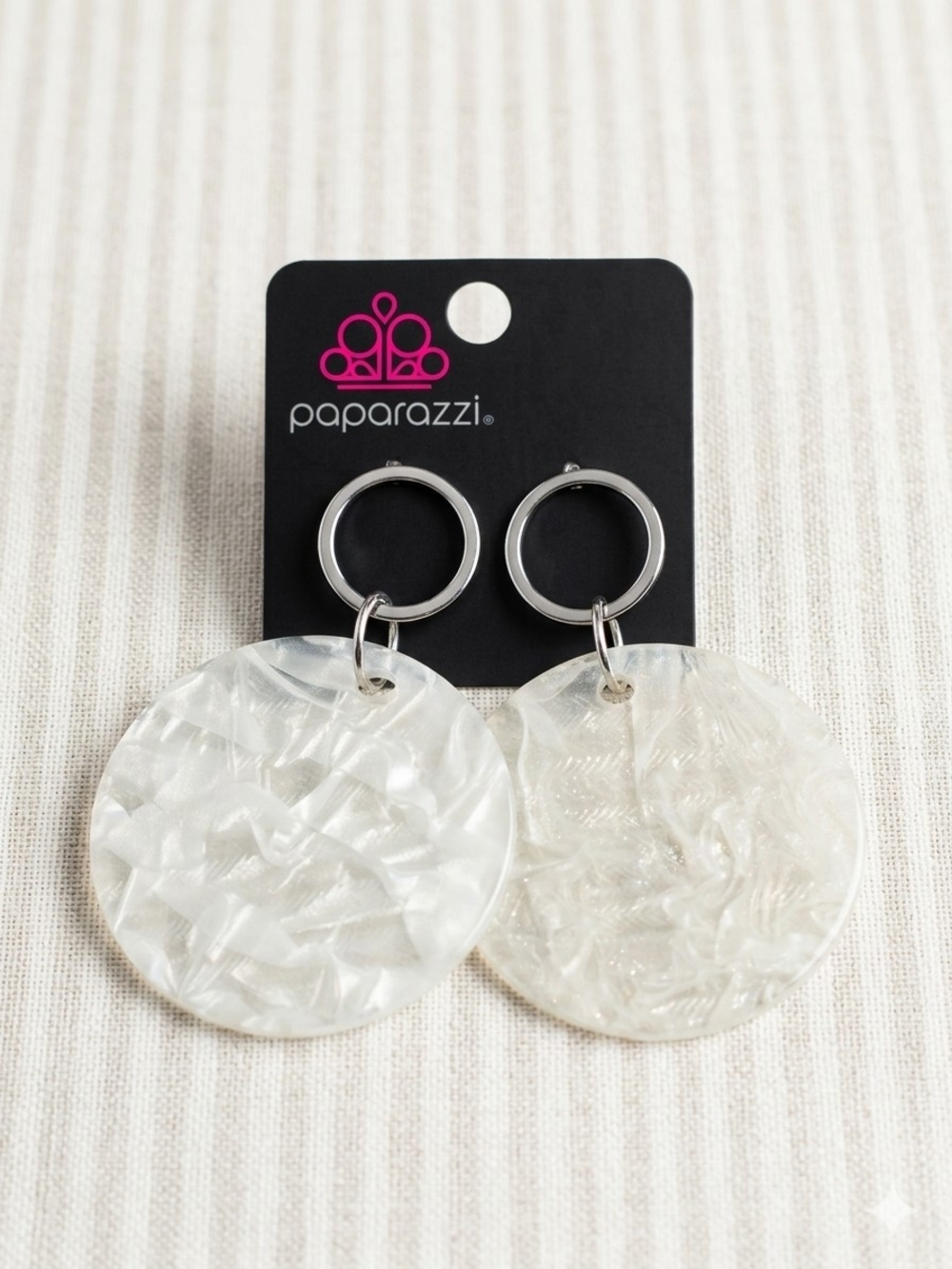 #52 Paparazzi Iridescent White Sparkling Disc Drop Earrings